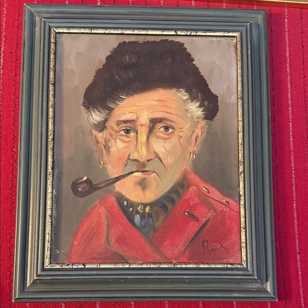 Vintage signed Oil Portrait Painting. Framed on stretched canvas. Elder w pipe
